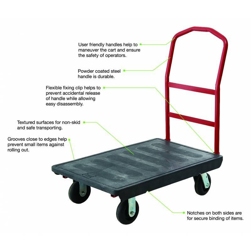 A sturdy cart with red handles, textured non-skid surface, and flexible clips for safety and ease of use during transport.