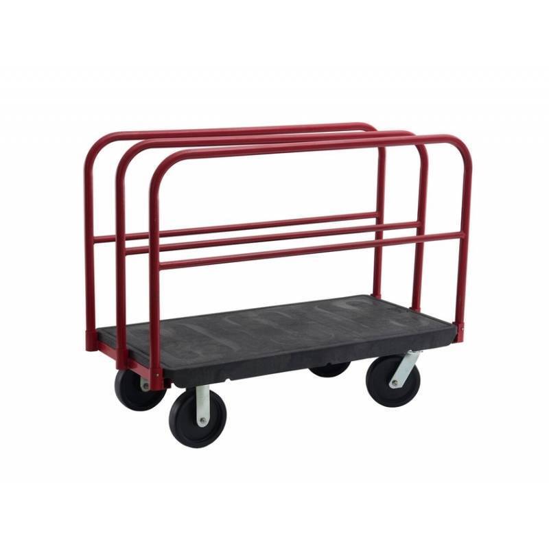 Red metal utility cart with a flat black platform and four sturdy wheels, designed for transporting heavy items easily.