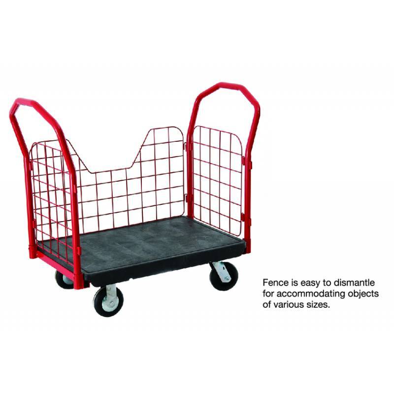 A red utility cart with a removable grid fence and a sturdy black platform, designed for transporting various-sized objects.
