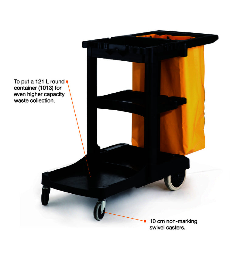 A black waste collection cart with an yellow bag, featuring two shelves and 10cm non-marking swivel casters for easy mobility.
