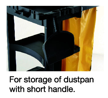 Black storage cart with a dustpan and a yellow bag attachment for easy waste collection. Room for short-handled dustpan.