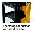Black storage cart with a dustpan and a yellow bag attachment for easy waste collection. Room for short-handled dustpan.