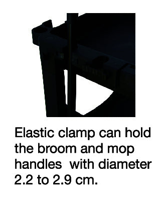 Close-up of an elastic clamp designed to securely hold broom and mop handles with diameters ranging from 2.2 to 2.9cm.