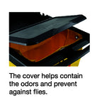 A close-up of a trash bin with a black lid slightly open, showcasing an dark yellow interior. Used for odor containment and fly prevention.