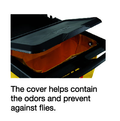 A close-up of a trash bin with a black lid slightly open, showcasing an dark yellow interior. Used for odor containment and fly prevention.