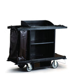 A black cleaning cart with one black bag and two empty shelves, mounted on 4 wheels for easy mobility.