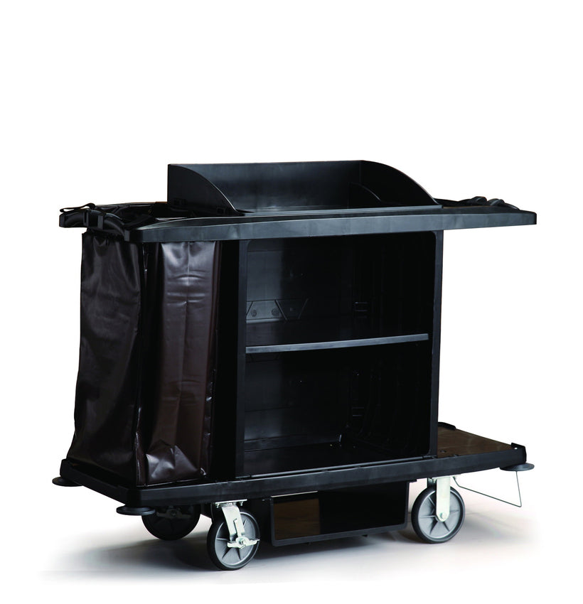A black cleaning cart with one black bag and two empty shelves, mounted on 4 wheels for easy mobility.