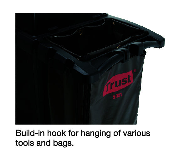 Close-up of side disposable bin bag with built-in hooks for hanging tools and bags, featuring the red "Trust" logo.