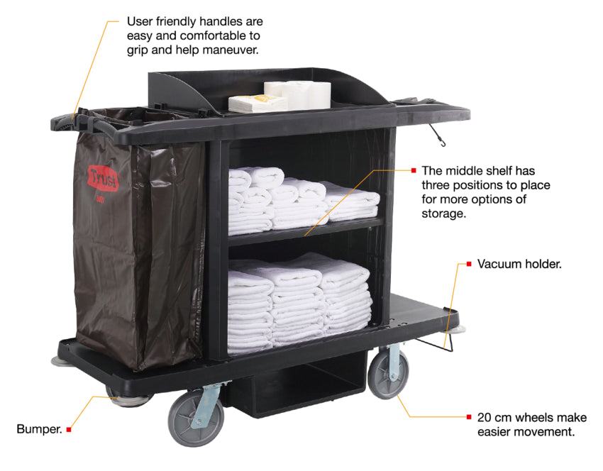 A multifunctional cleaning cart with user-friendly handles, adjustable shelves, a vacuum holder, and 20 cm wheels for easy mobility.