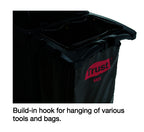 Close-up of side disposable bin bag with built-in hooks for hanging tools and bags, featuring the red "Trust" logo.