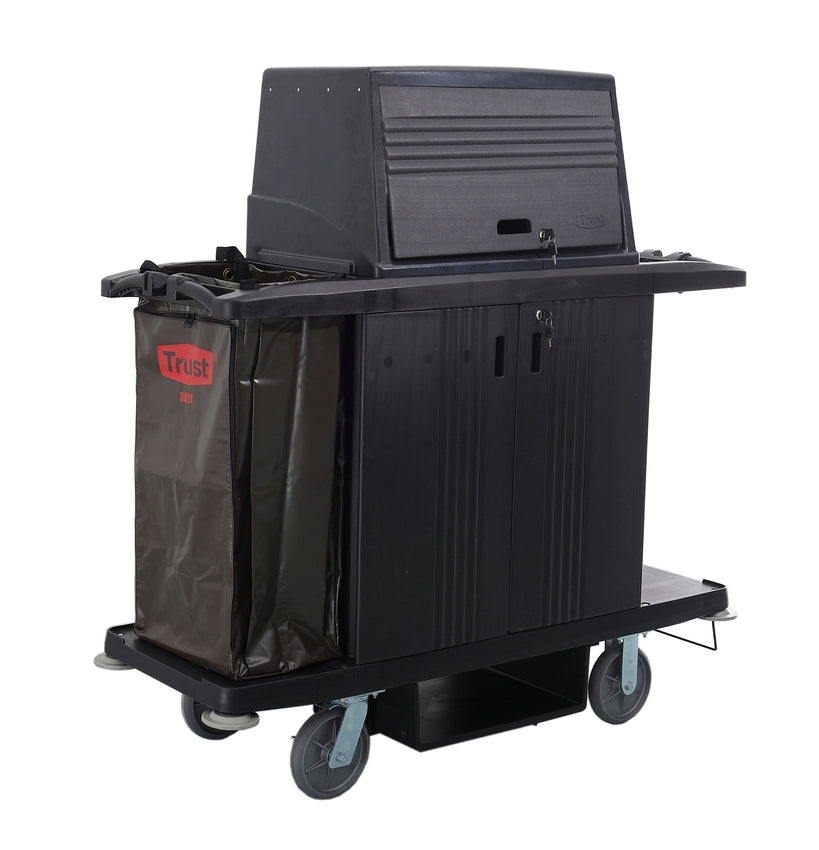 Black cleaning cart with lockable storage compartments and a trash bag labelled "Trust," mounted on 4 wheels for easy mobility.