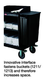 Side view of Black housekeeping trolley showing 2 lockable wheels, a side bin bag and white towels across two shelves.