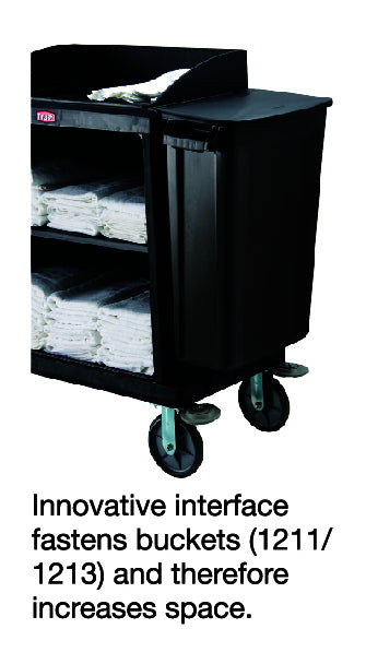 Side view of Black housekeeping trolley showing 2 lockable wheels, a side bin bag and white towels across two shelves.