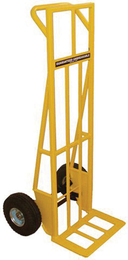 A sturdy yellow hand truck with wide, flat base and large wheels, designed for transporting heavy items efficiently.