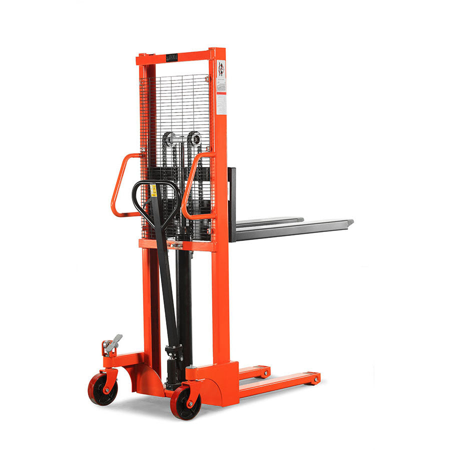 An orange manual pallet stacker with a vertical lifting mechanism, designed for moving and stacking heavy pallets efficiently.