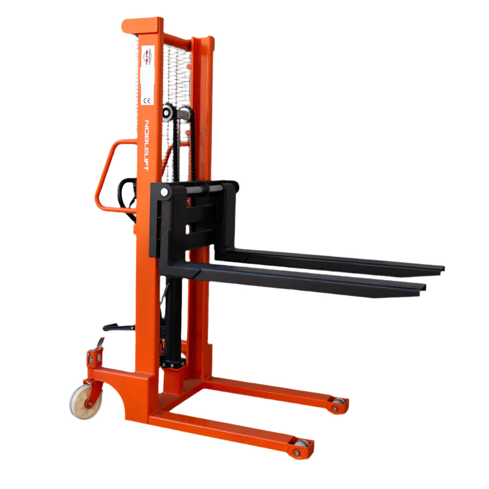 An orange manual pallet stacker with a sturdy frame, black forks lifted half way up, and wheels for easy maneuvering in warehouses or storage areas.