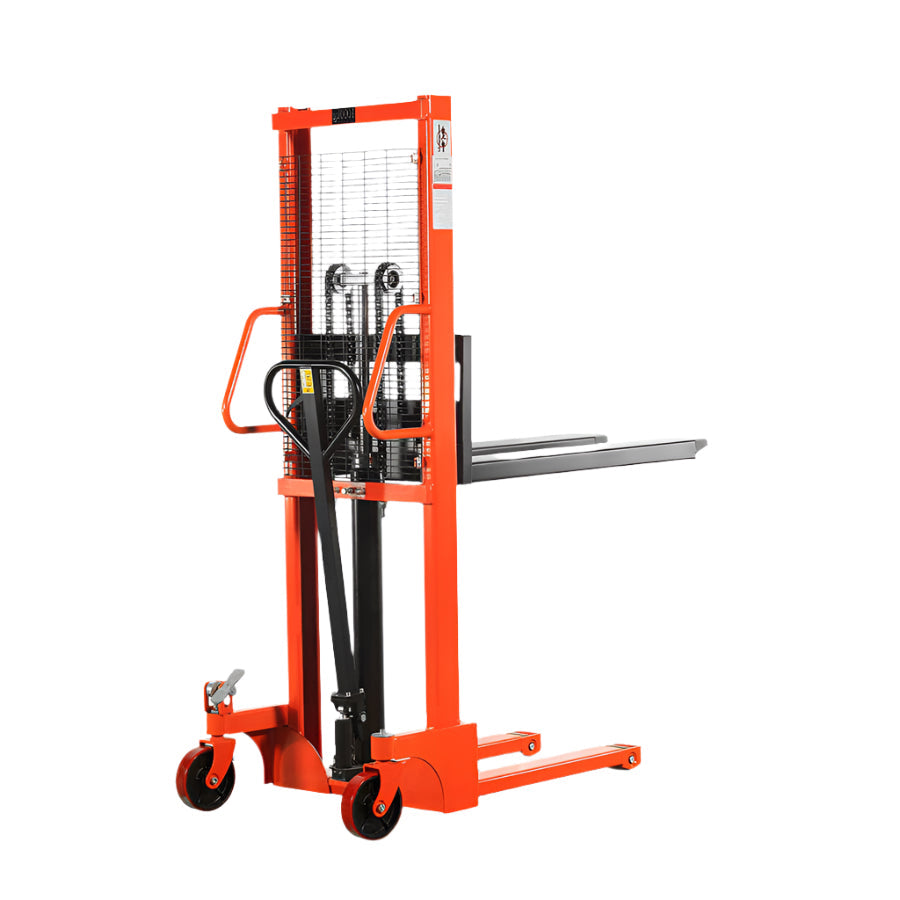 Orange manual pallet stacker with black handle and wheels, designed for lifting and moving pallets.