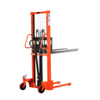 Orange manual pallet stacker with black handle and wheels, designed for lifting and moving pallets.