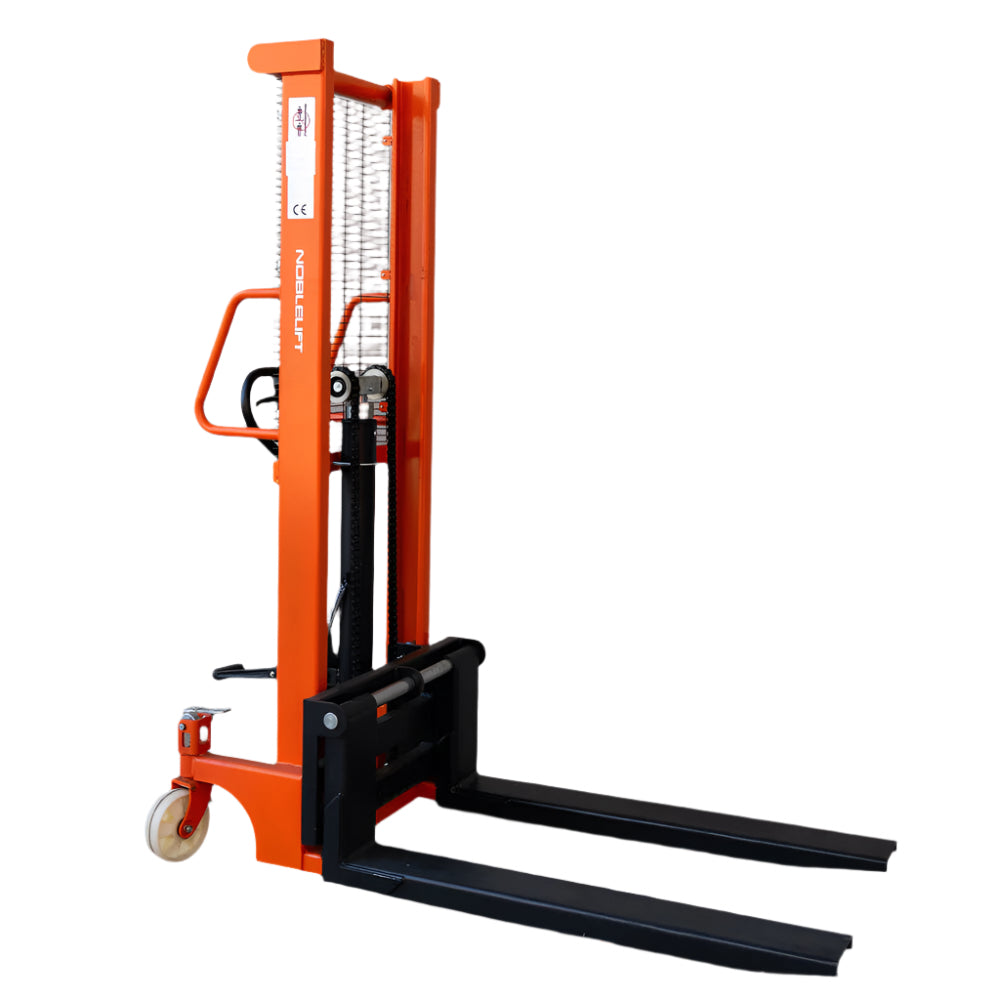 Orange manual stacker with black forks and handle, used for lifting and transporting pallets.