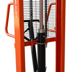 A metal-framed pallet stacker with a handle and chain, ideal for lifting and moving heavy loads in warehouses.