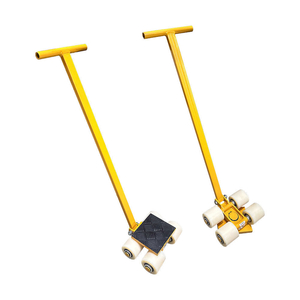 Two yellow rolling dollies with T-shaped handles, designed for transporting heavy objects, featuring four smooth wheels each.