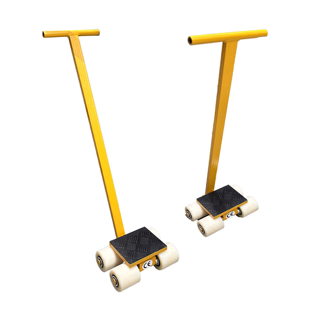 Two yellow platform trolleys with a T-shaped handle and four white wheels, designed for easy transportation of heavy loads.