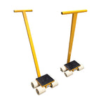 Two yellow platform trolleys with a T-shaped handle and four white wheels, designed for easy transportation of heavy loads.
