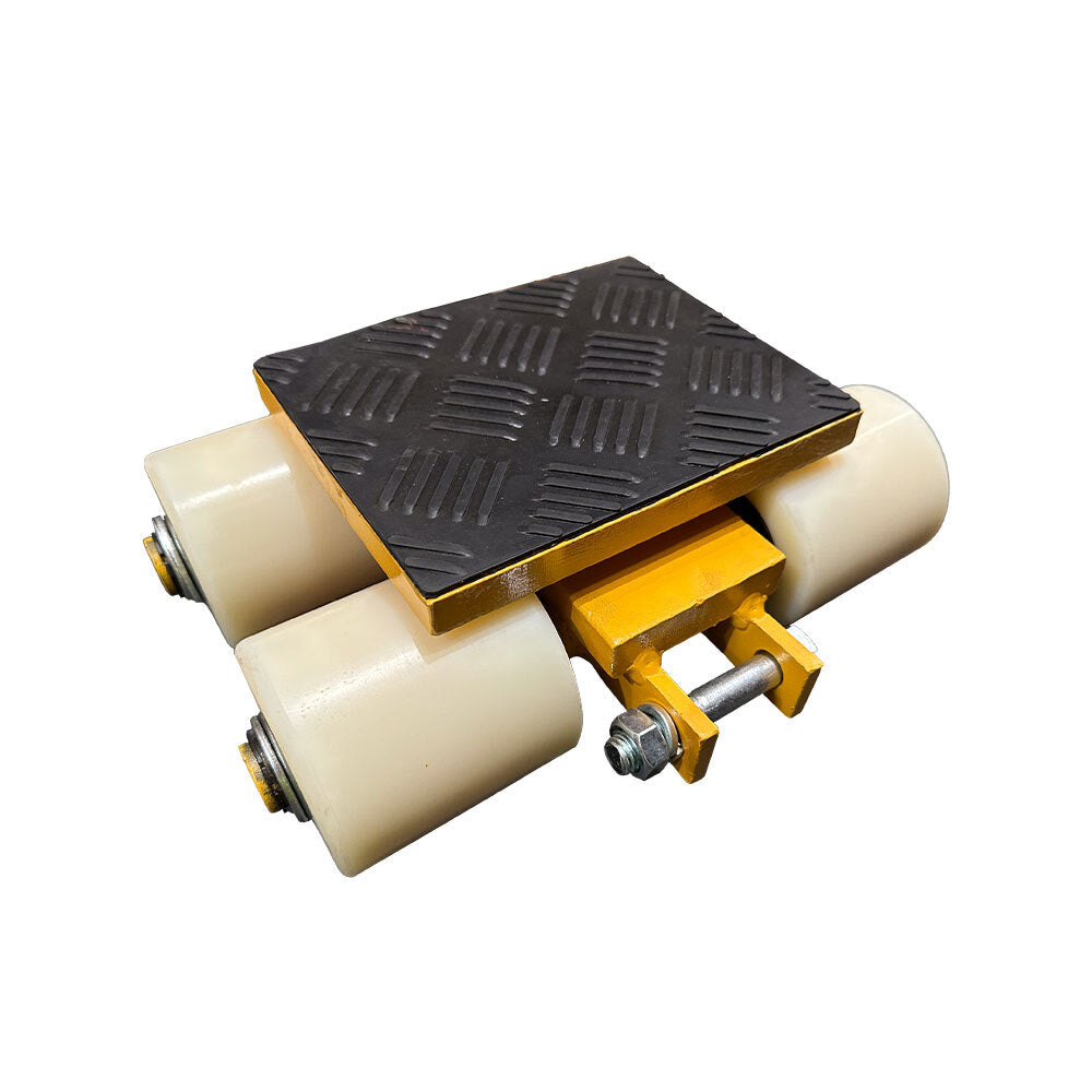 A yellow wheeled dolly with a textured black rubber top, designed for easy transport of heavy items.