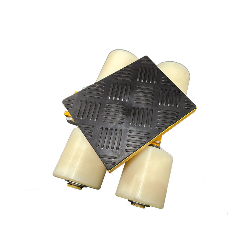 A four-wheeled dolly with a textured black platform and smooth white wheels, designed for easy transport of heavy items.