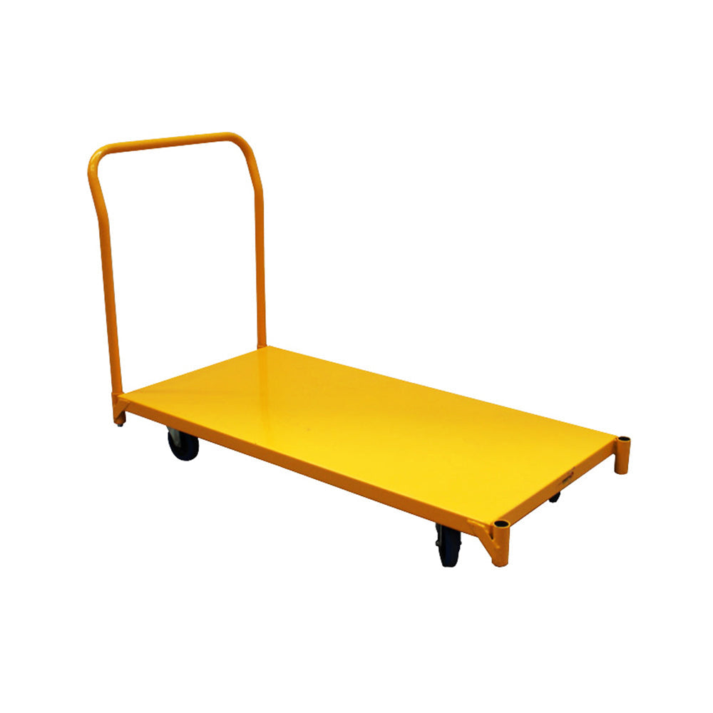 A bright yellow flat cart with a handle and four wheels, designed for transporting items easily.