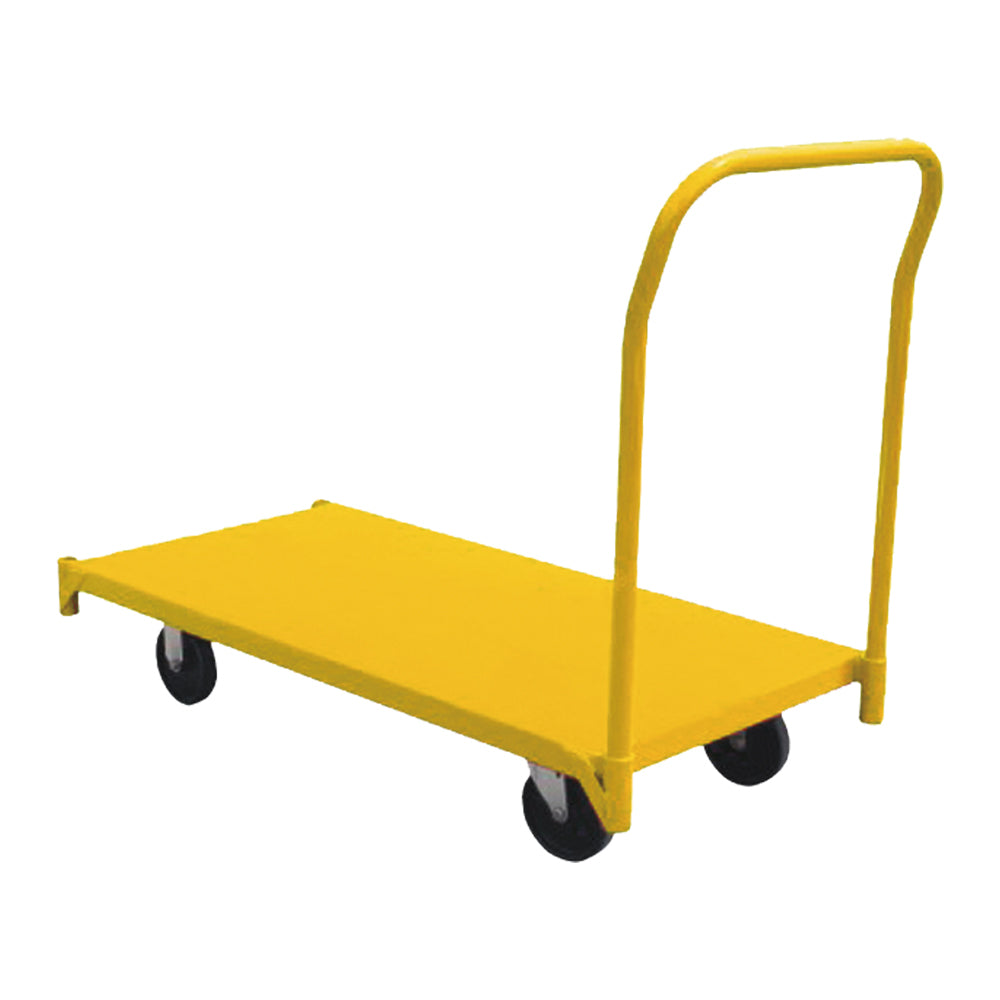Yellow utility cart with a flat platform and a vertical handle, supported by four wheels for easy transport of goods.
