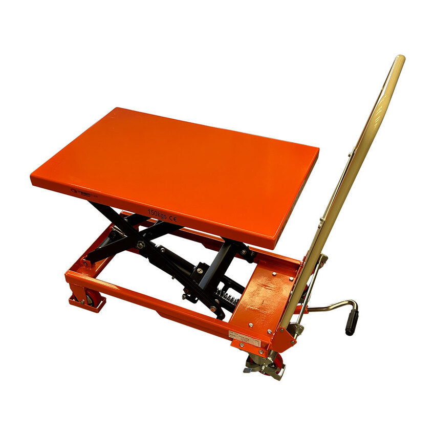 An orange hydraulic lifting table with a flat surface and a hand crank, mounted on a wheeled frame for mobility.