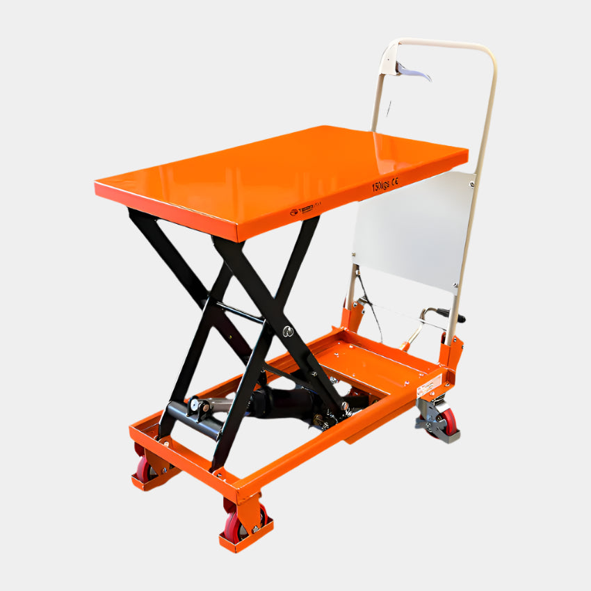 An orange hydraulic lift table with an X-frame, wheeled base, and push handle for easy mobility and adjustable height.