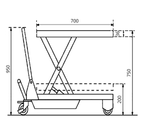 Side view technical drawing of a mobile scissor lift table with dimensions labeled in millimeters.