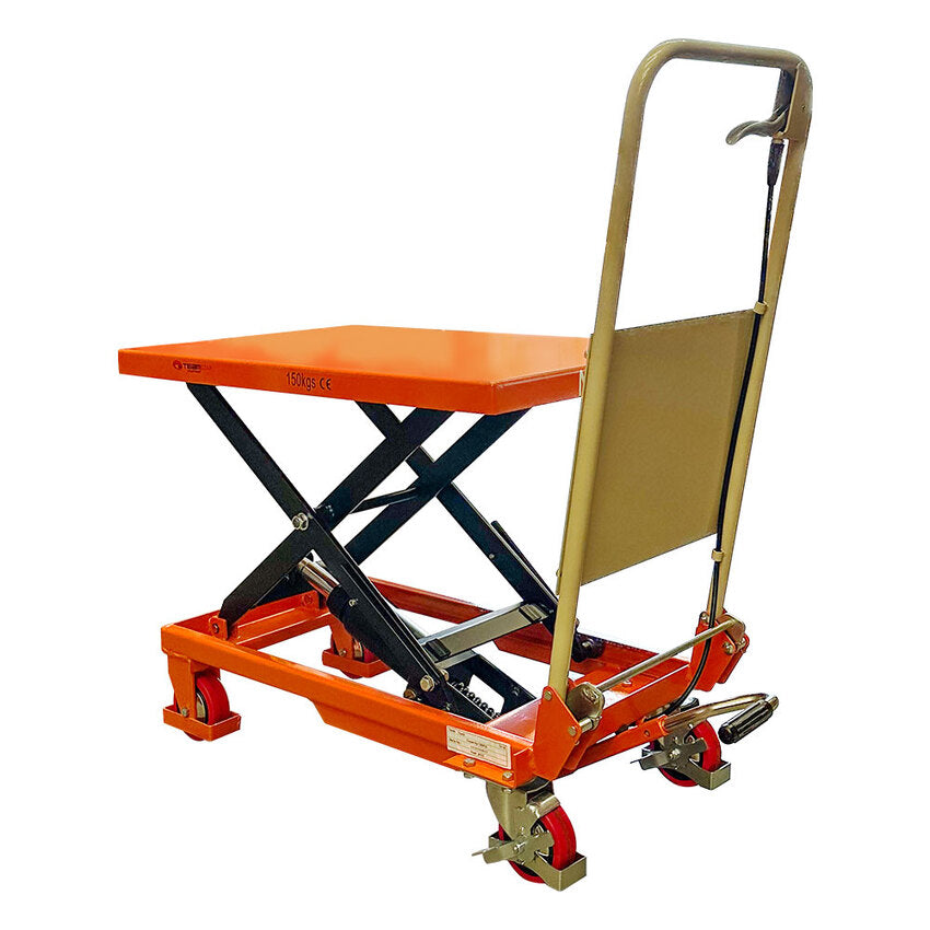 A compact orange scissor lift table with a sturdy surface, adjustable height, and wheeled base for easy movement and portability.
