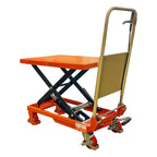 A compact orange scissor lift table with a sturdy surface, adjustable height, and wheeled base for easy movement and portability.
