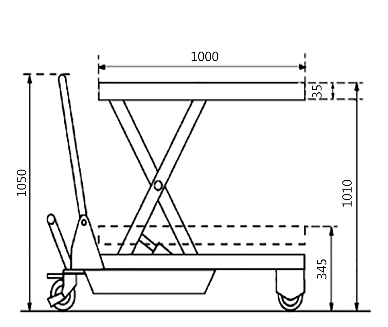 Line drawing of a hydraulic lift table with labeled dimensions, showcasing its base and elevating mechanism.