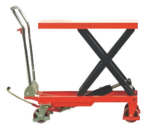 A bright red hydraulic lift table with a flat surface and wheels, featuring an X-shaped lift mechanism for adjusting height.