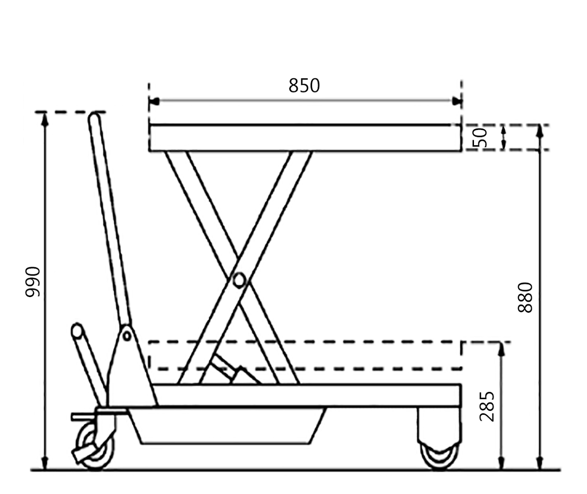 Line drawing of a hydraulic lift table with dimensions labeled: height 990mm, width 850mm, tray height 50mm, and base height 285mm.