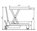 Line drawing of a hydraulic lift table with dimensions labeled: height 990mm, width 850mm, tray height 50mm, and base height 285mm.