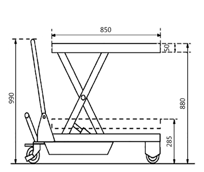 Line drawing of a hydraulic lift table with dimensions labeled: height 990mm, width 850mm, tray height 50mm, and base height 285mm.