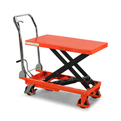 An orange hydraulic lift table with wheels and a handle, designed for lifting heavy items in workshops or garages.