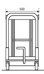 Line drawing of a scissor lift table with dimensions indicated, featuring a rectangular frame, handle, and support structure. Width is 500 mm.