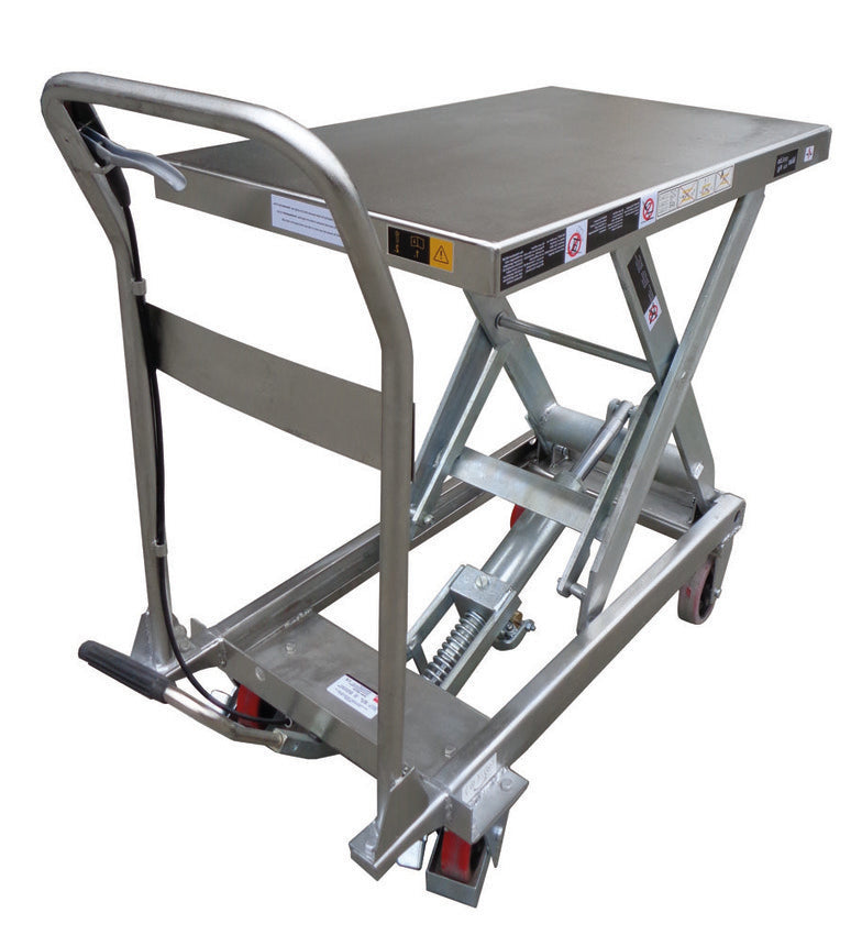 A metallic hydraulic lift table with a flat surface and wheels, designed for lifting heavy items efficiently.