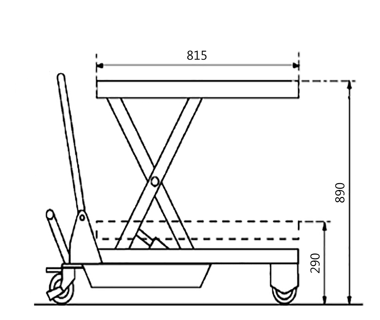 Line drawing of a scissor lift table with labeled dimensions: 815mm (width), 890mm (height), and 290mm (base height).