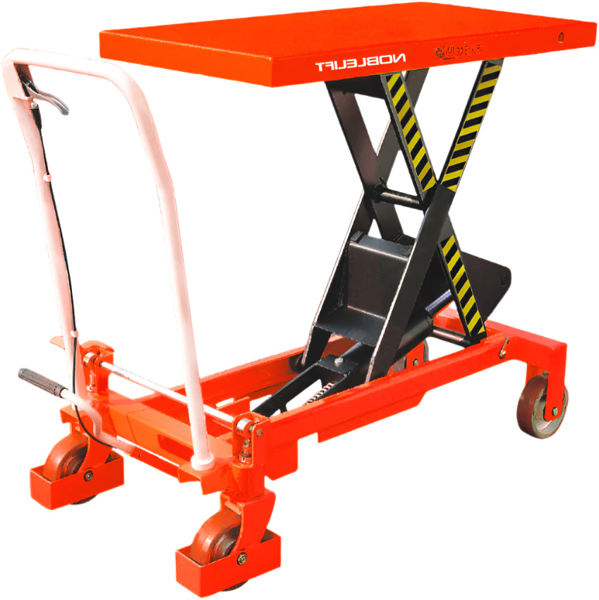 A red hydraulic scissor lift table with a sturdy top, safety stripes, and four wheels for mobility. Ideal for lifting heavy items.