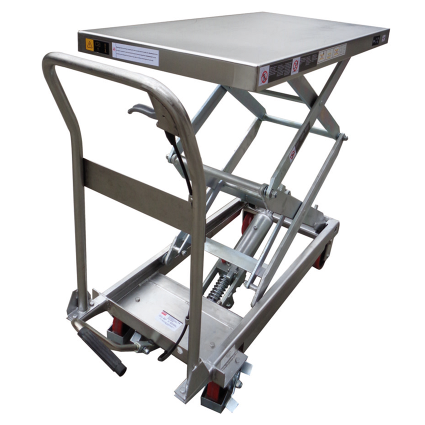 A stainless steel lifting table with a flat surface and hydraulic mechanism, featuring a handle and wheels for mobility.