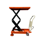 A manual scissor lift table with an orange top, black frame, and wheels, designed for lifting up to 350kg.