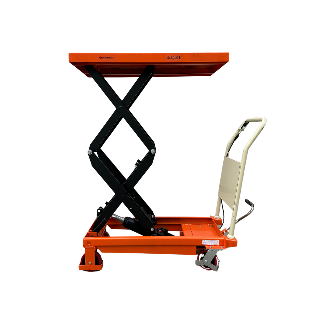 A manual scissor lift table with an orange top, black frame, and wheels, designed for lifting up to 350kg.