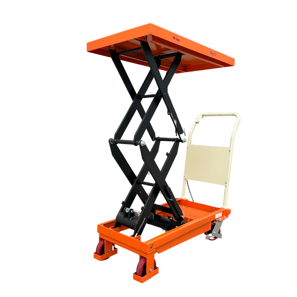 A manual scissor lift table with an orange top and black metallic frame, featuring a push handle and wheeled base for mobility.